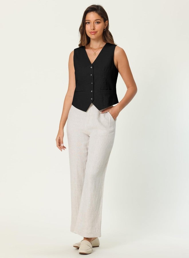 Hobemty Women's Linen Vest Sleeveless Button Down V Neck Formal Business Waistcoat Medium Black - Image 3